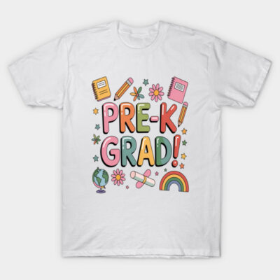 White pre-k graduation t-shirt with colorful graphic design featuring school-themed elements, perfect for kids' celebrations.