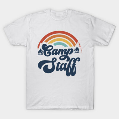 White "Camp Staff" T-shirt with retro rainbow graphic, casual style, 100% cotton, perfect for outdoor activities.