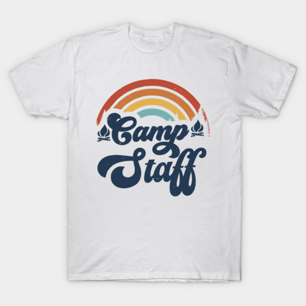 White "Camp Staff" T-shirt with retro rainbow graphic, casual style, 100% cotton, perfect for outdoor activities.