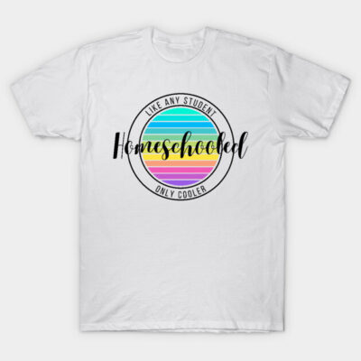 White T-shirt with colorful "Homeschooled" graphic, casual style, cotton material. Ideal for everyday wear.