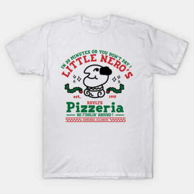 White t-shirt with colorful retro pizzeria graphic design, featuring bold text and playful illustration, casual style.