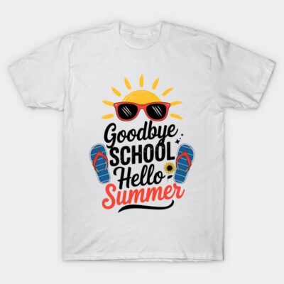 White T-shirt with "Goodbye School Hello Summer" print, featuring sun, sunglasses, and flip-flops. Casual summer wear.