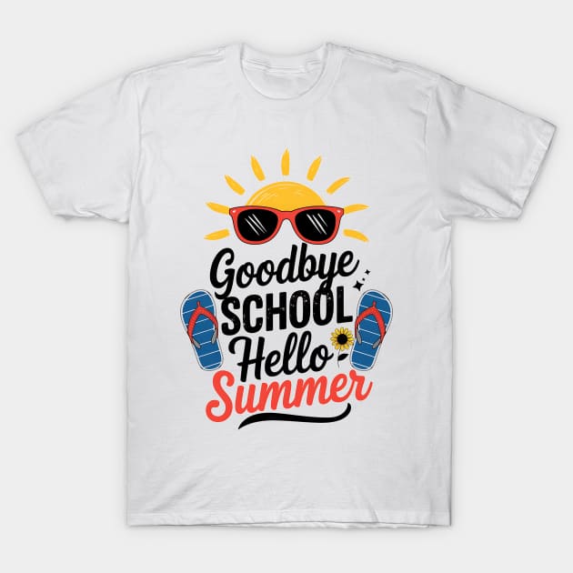 White T-shirt with "Goodbye School Hello Summer" print, featuring sun, sunglasses, and flip-flops. Casual summer wear.