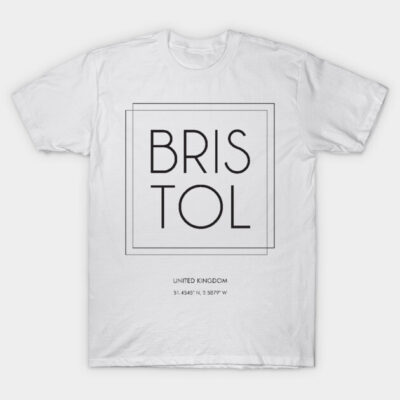 White graphic t-shirt featuring "Bristol" text design, unisex casual wear, soft cotton material, ideal for everyday style.