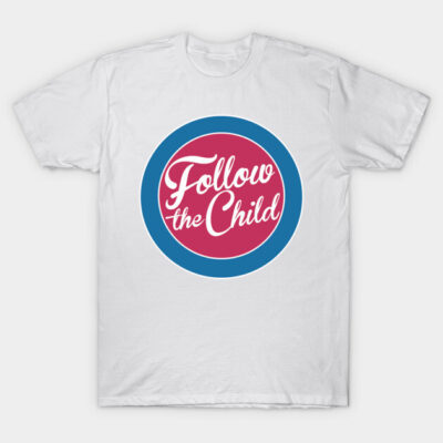 White t-shirt with "Follow the Child" design, featuring red and blue circular logo, casual cotton apparel.