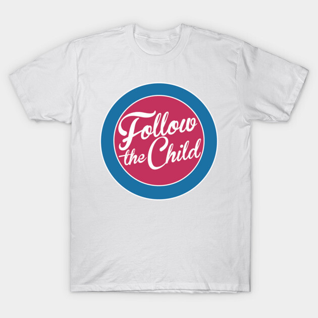 White t-shirt with "Follow the Child" design, featuring red and blue circular logo, casual cotton apparel.