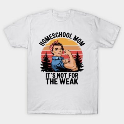 White T-shirt with "Homeschool Mom" design, featuring vintage style graphic and motivational text, ideal for casual wear.