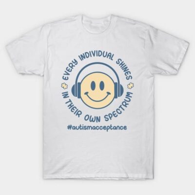 White T-shirt with smiley face, headphones, and "Every Individual Shines" autism acceptance message in blue text.