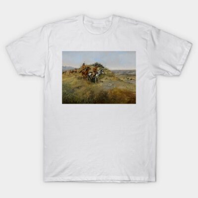 White cotton t-shirt featuring a historic landscape painting, ideal for casual wear or art enthusiasts.