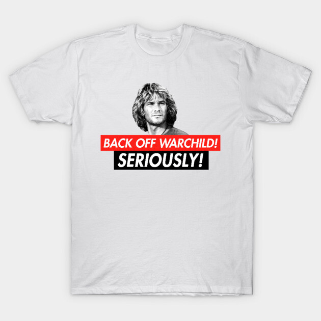 White graphic tee with "Back Off Warchild! Seriously!" text, casual style, ideal for everyday wear, cotton fabric.