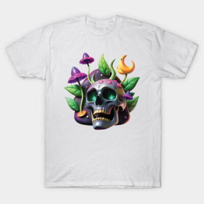 White T-shirt with colorful skull and mushroom design, vibrant graphic print, casual wear, cotton material.