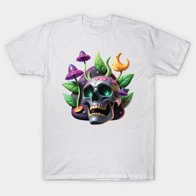 White T-shirt with colorful skull and mushroom design, vibrant graphic print, casual wear, cotton material.
