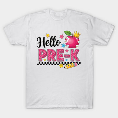 White "Hello Pre-K" t-shirt with colorful apple and pencil design, ideal for back-to-school, kids' clothing.
