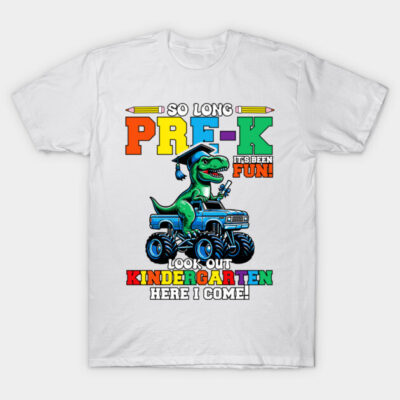 White kids' graduation t-shirt with colorful text and dinosaur graphic, celebrating pre-K to kindergarten transition.