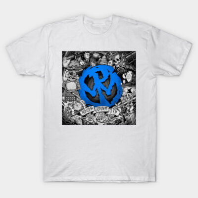 White t-shirt with blue graphic logo and intricate black design, casual wear, cotton material.