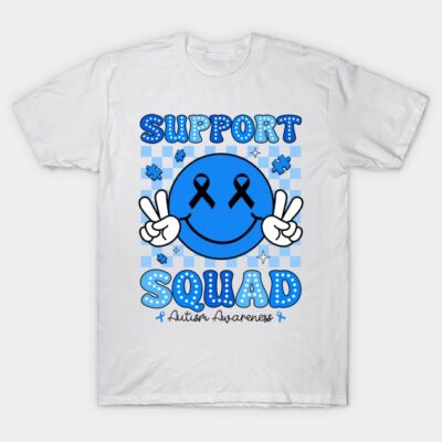 White autism awareness T-shirt with blue smiley face, peace signs, puzzle pieces, and "Support Squad" text.