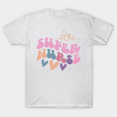 White "Super Nurse" T-shirt with colorful text and heart design, ideal for healthcare professionals, 100% cotton.