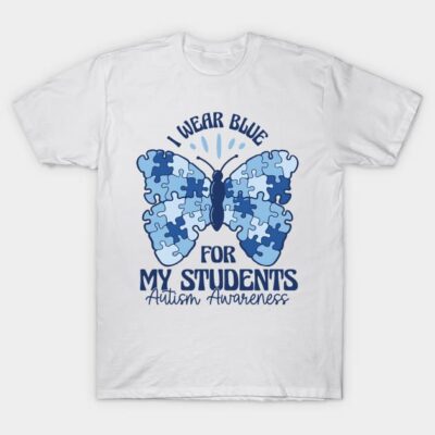 White t-shirt with blue puzzle butterfly design, promoting Autism Awareness. Ideal for casual wear and supporting causes.
