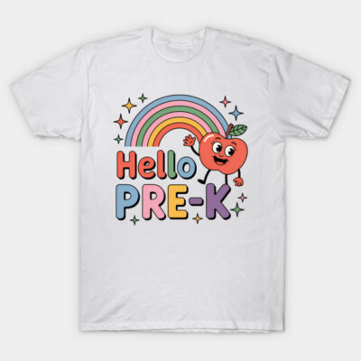 White t-shirt with colorful "Hello Pre-K" design featuring a rainbow and smiling apple graphic for kids.