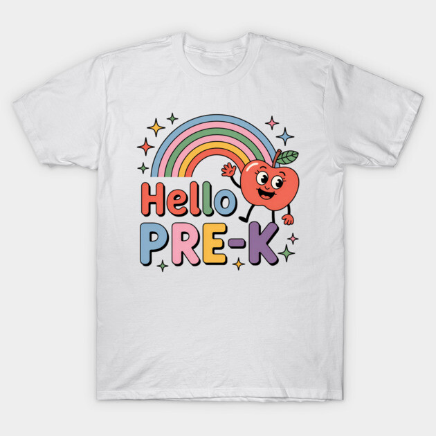 White t-shirt with colorful "Hello Pre-K" design featuring a rainbow and smiling apple graphic for kids.