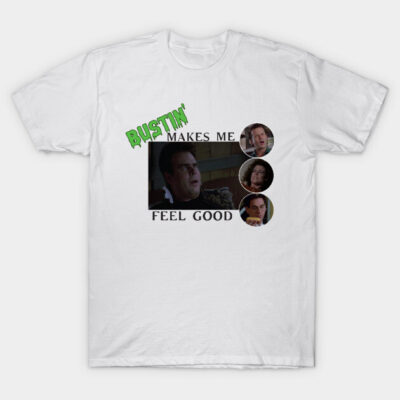 White graphic t-shirt with "Bustin' Makes Me Feel Good" text and movie-inspired design, casual wear.