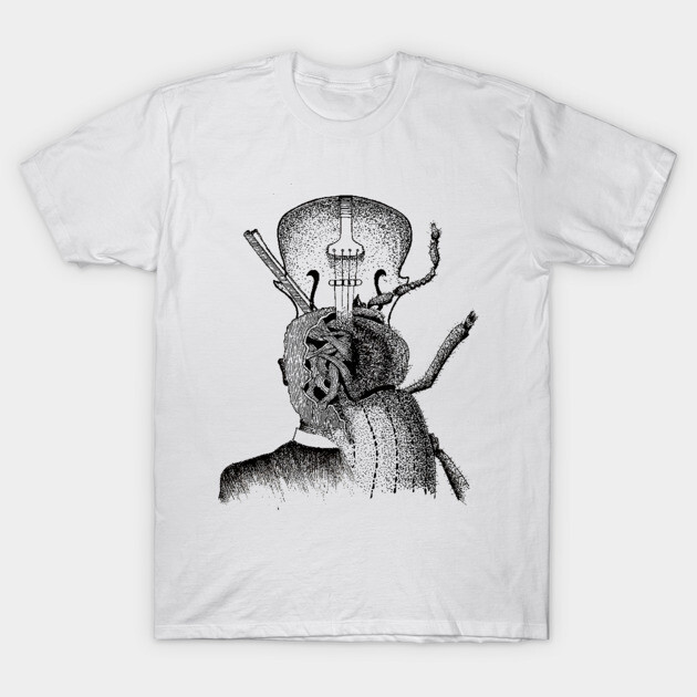 White t-shirt with abstract black graphic design, featuring violin and surreal elements. Cotton material, casual style.