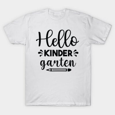 White "Hello Kindergarten" t-shirt with black lettering, casual style, perfect for back-to-school or themed events.