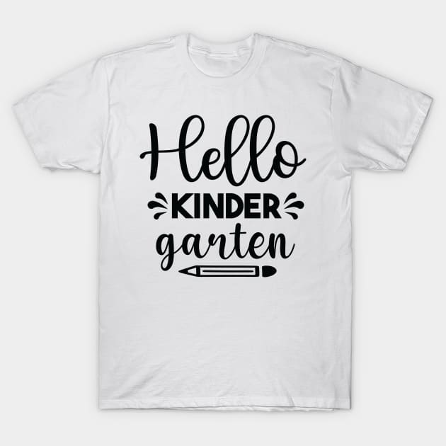 White "Hello Kindergarten" t-shirt with black lettering, casual style, perfect for back-to-school or themed events.