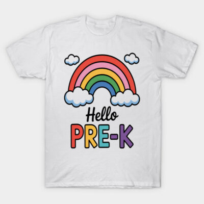 White t-shirt with colorful rainbow and "Hello Pre-K" text, perfect for preschool, casual wear, soft cotton material.