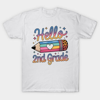 White "Hello 2nd Grade" T-shirt with colorful pencil design, perfect for back-to-school, cotton material.