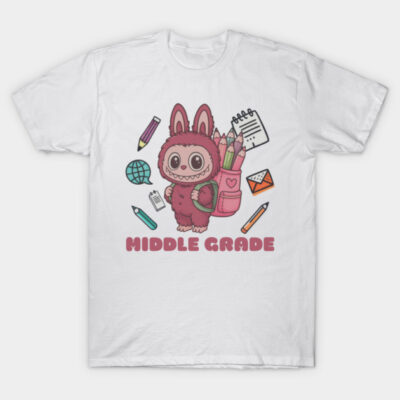 White "Middle Grade" T-shirt with cute animal design, colorful school supplies, ideal for students, cotton material.