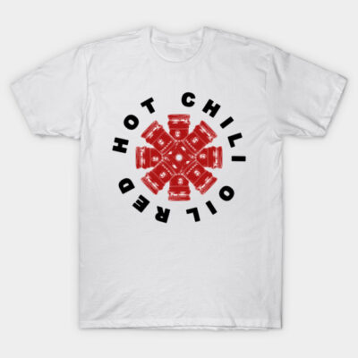 White t-shirt with red chili oil jar graphic and bold black text design, perfect for casual wear. Cotton material.