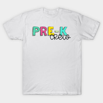 White "Pre-K Crew" t-shirt with colorful text design, casual style, perfect for preschool teachers or students.