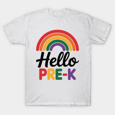 White "Hello Pre-K" T-shirt with colorful rainbow design, perfect for preschoolers, made of soft cotton.