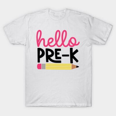 White "Hello Pre-K" t-shirt with colorful pencil graphic, perfect for back-to-school, casual wear, cotton material.