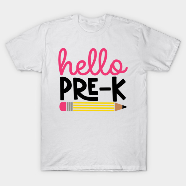 White "Hello Pre-K" t-shirt with colorful pencil graphic, perfect for back-to-school, casual wear, cotton material.