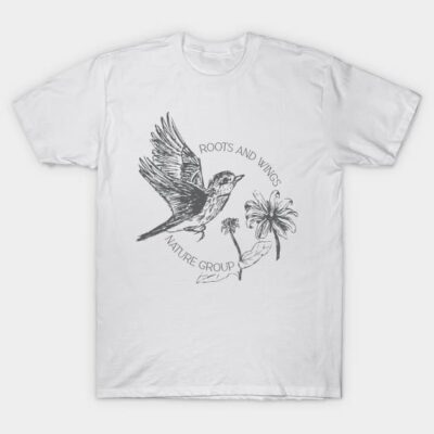 White t-shirt with "Roots and Wings Nature Group" bird and floral design, made from soft cotton, casual style.