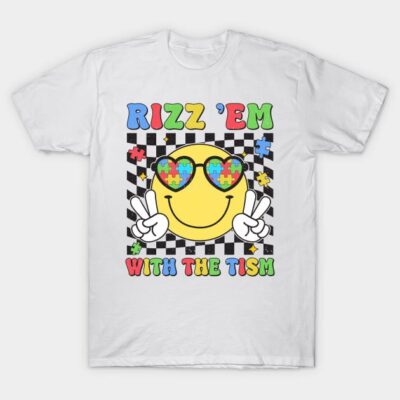 White graphic t-shirt with colorful smiley face and text, ideal for casual wear, made from soft cotton material.