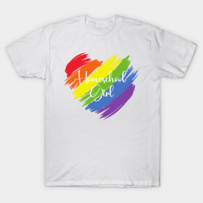 White t-shirt with rainbow heart design and "Homeschool Girl" text, casual wear, cotton material, vibrant colors.