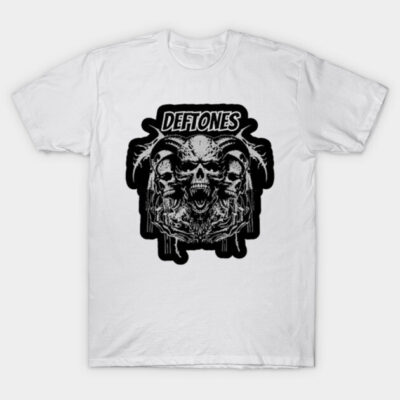 White cotton t-shirt with black graphic design featuring skulls, suitable for casual wear.