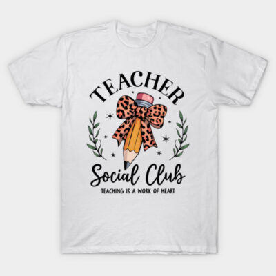 White "Teacher Social Club" T-shirt with pencil and leopard bow design, perfect for educators.