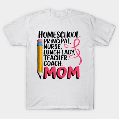 White t-shirt with colorful text design celebrating various roles, featuring a pencil graphic and pink accents.