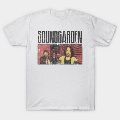 White graphic tee with Soundgarden text and vintage band image, casual cotton t-shirt for music fans.
