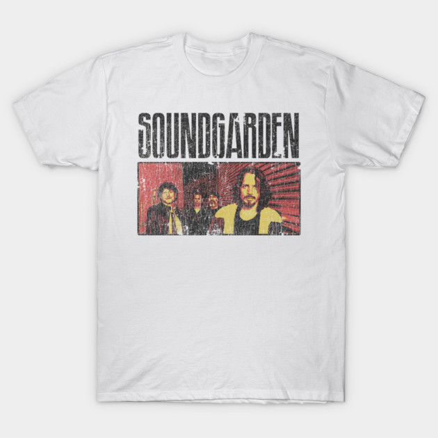 White graphic tee with Soundgarden text and vintage band image, casual cotton t-shirt for music fans.