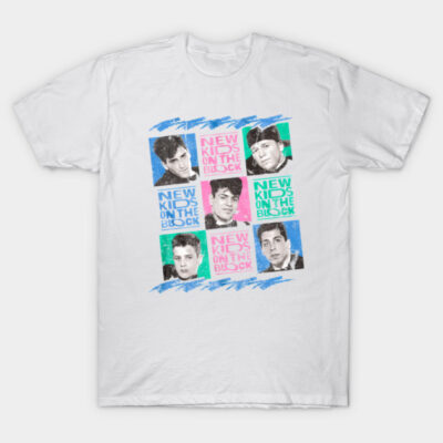 White graphic t-shirt featuring colorful retro New Kids on the Block design, casual unisex cotton tee.