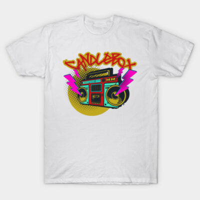 White t-shirt with colorful retro boombox design and bold text, casual wear, 100% cotton, unisex style.