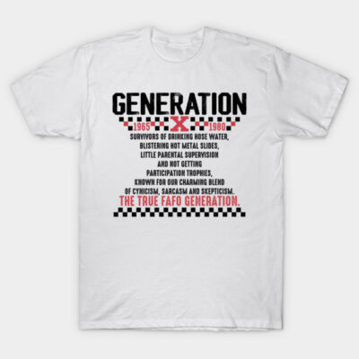 White Generation X T-shirt, bold black text, vintage style, cotton fabric, casual wear with red accents.