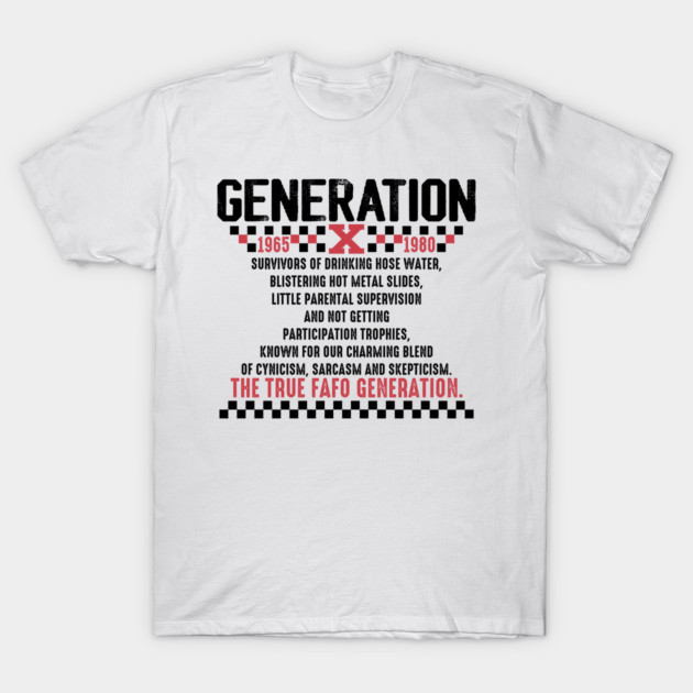White Generation X T-shirt, bold black text, vintage style, cotton fabric, casual wear with red accents.