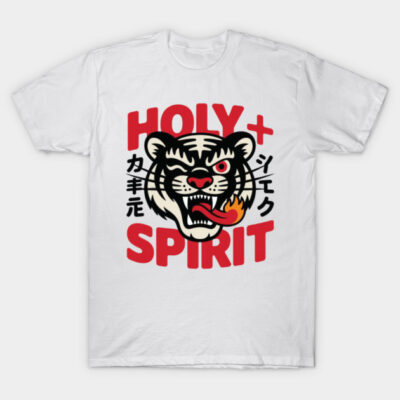 White t-shirt with bold red and black graphic featuring a fierce tiger design and text "Holy Spirit" in artistic style.