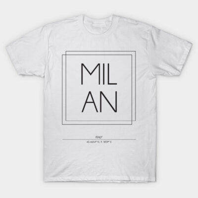 White cotton t-shirt with "Milan" print, minimalist style, casual wear, unisex design, comfortable fit.
